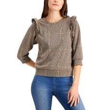 INC International Concepts Women’s INC Plaid Puff-Sleeve Top (Brown, X-Large)