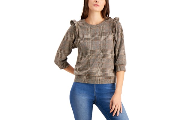  Women’s INC Plaid Puff-Sleeve Top (Brown, X-Large)