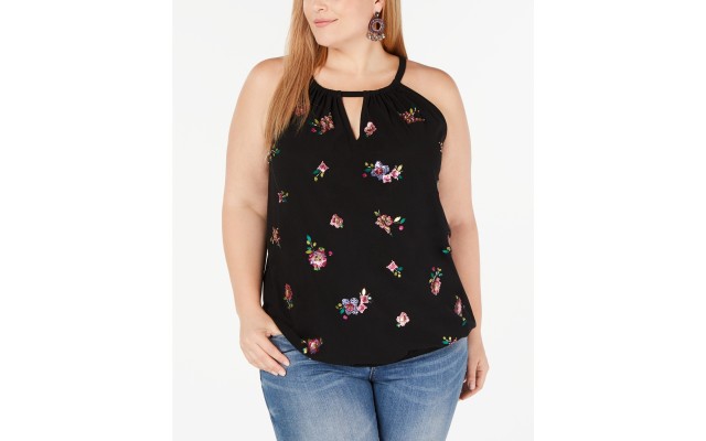 INC International Concepts Women’s  INC Plus Size Embellished Bubble-Hem Halter Top Black Size 3X