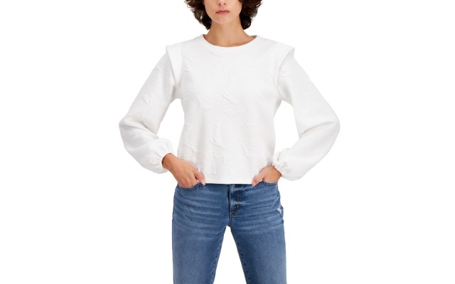  Women’s Jacquard Sweatshirt Washed (White, Small)