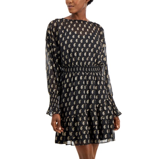  Women’s  Paisley-print Ruffled Mini Dress (Black), Pieretta Paisley, Large