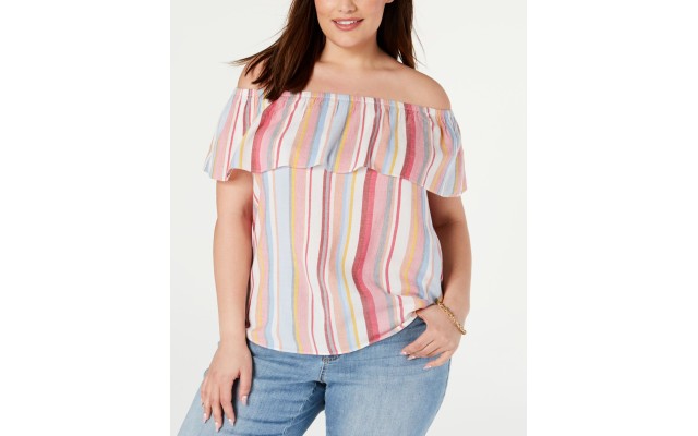  Womens Plus Off-the-Shoulder Woven Peasant Top (Red , Size:3X)