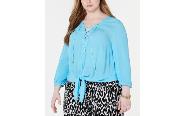  Women's Plus Size Lace-up Tie-front Top, Blue, 2X