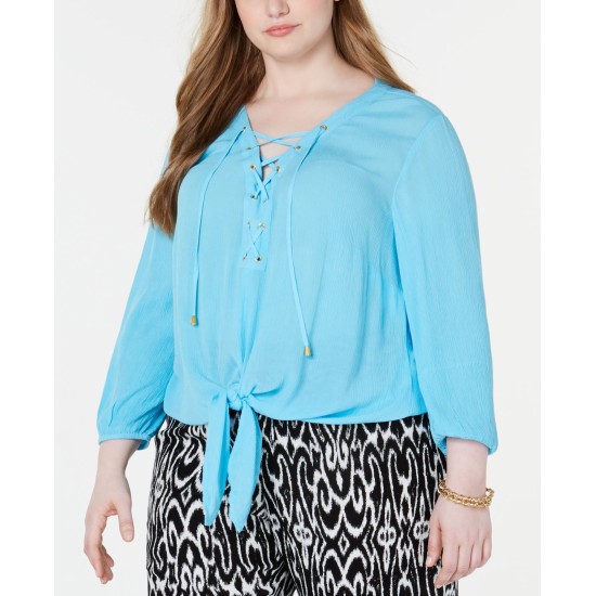  Women's Plus Size Lace-up Tie-front Top, Blue, 3X