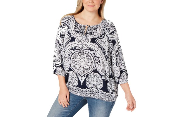  Women’s Printed Keyhole-Detail Top (Navy, 4X)