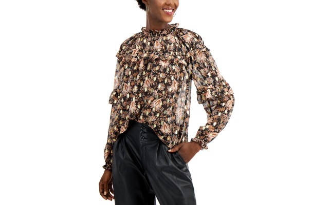  Women’s Ruffled Floral-print Blouse Cora Garden (Black, X-Small)