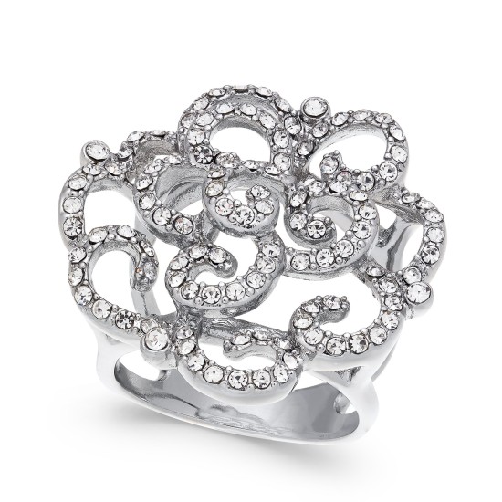  Womens Silver-Tone Pave Rose Rings, Silver Tone, 6