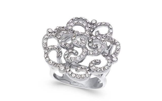  Womens Silver-Tone Pave Rose Rings, Silver Tone, 7