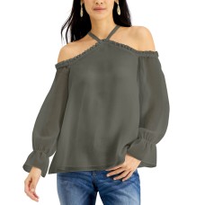 Inc International Concepts Women’s Solid Cold-shoulder Top (Green, Large)