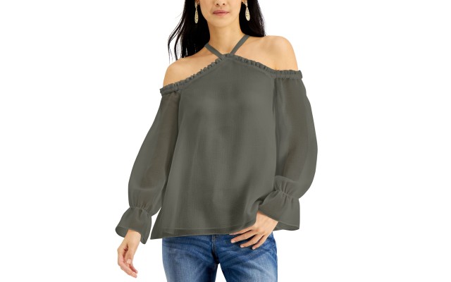  Women’s Solid Cold-shoulder Top (Green, Large)