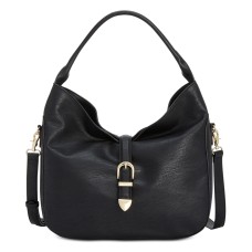 INC Madelynn Buckle Hobo Faux Leather Purse Handbag (Black, Large)
