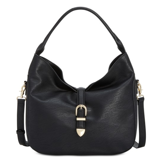  Madelynn Buckle Hobo Faux Leather Purse Handbag (Black, Large)