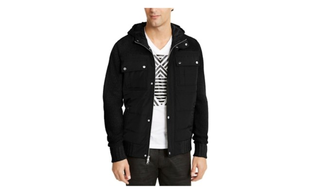 INC Mens Jacket Full-Zipped Ribbed-Knit Hooded, Black, X-Large