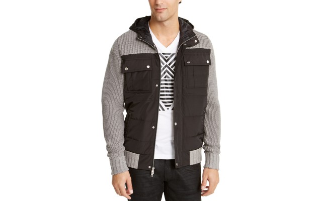 INC Mens Jacket Full-Zipped Ribbed-Knit Hooded, Gray, Small