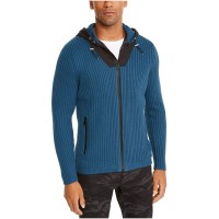 INC Mens Sweater Black Contrast Full Zip Ribbed Knit Hooded, Dark Blue, Large