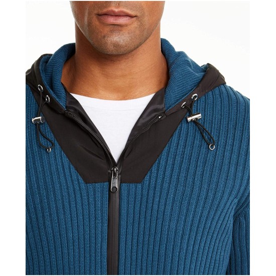 INC Mens Sweater Black Contrast Full Zip Ribbed Knit Hooded, Dark Blue, Smal