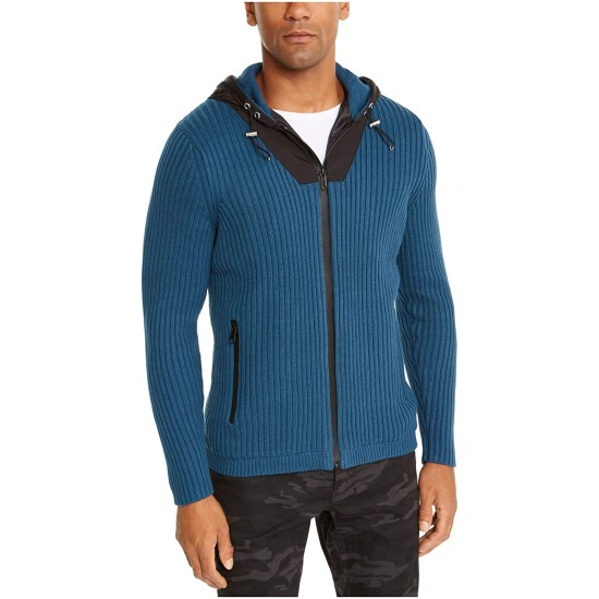 INC Mens Sweater Black Contrast Full Zip Ribbed Knit Hooded, Dark Blue, Smal