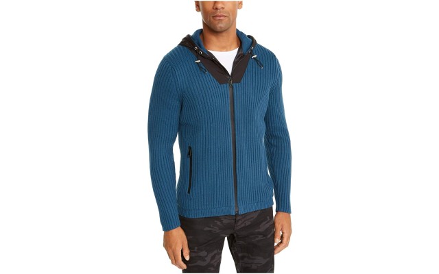 INC Mens Sweater Black Contrast Full Zip Ribbed Knit Hooded, Dark Blue, Smal