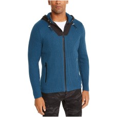 INC Mens Sweater Black Contrast Full Zip Ribbed Knit Hooded