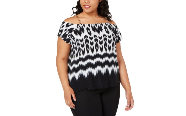 Inc Plus Size Ikat-Print Short-Sleeve Top (0X – White)