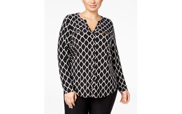 INC Plus Size Printed Zip-Pocket Shirt 3X – Black