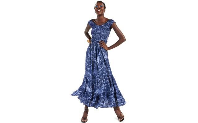INC Printed Off-The-Shoulder Maxi Dress (Navy, X-Large)