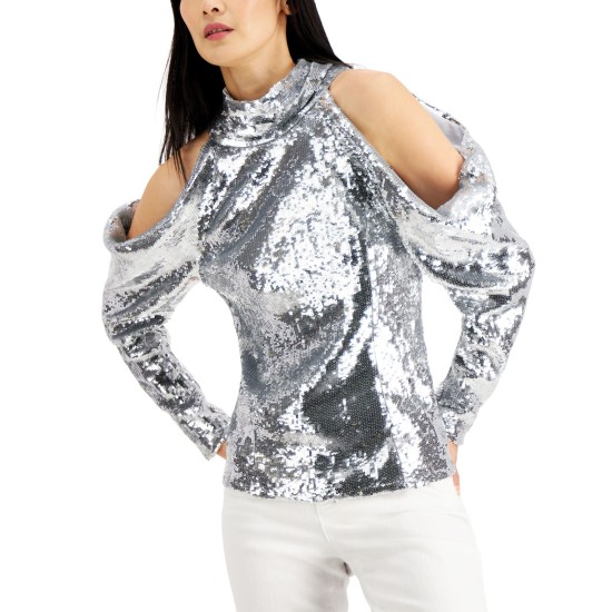 INC Women’s Metallic Mock-Neck Cold-Shoulder Top, Silver, Large