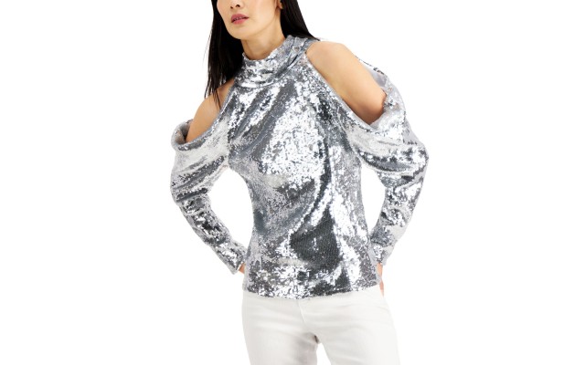 INC Women’s Metallic Mock-Neck Cold-Shoulder Top, Silver, Large