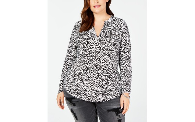 INC Womens Plus Animal Print Zip Pocket Blouse, Black, 1X