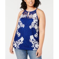 INC Womens Plus Floral Lace Baroque Halter Top Blue, Navy, 0X