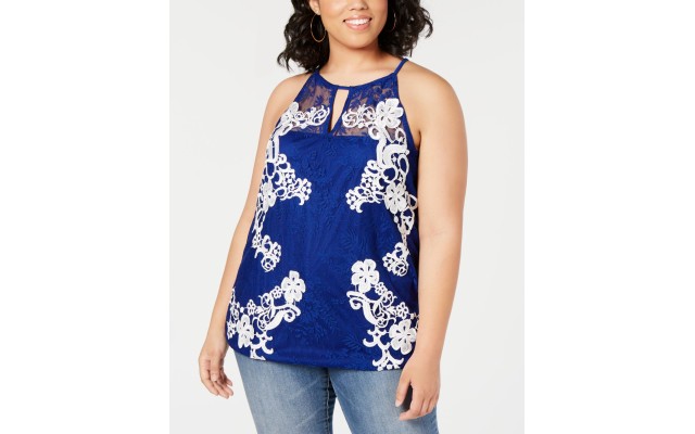 INC Womens Plus Floral Lace Baroque Halter Top Blue, Navy, 0X