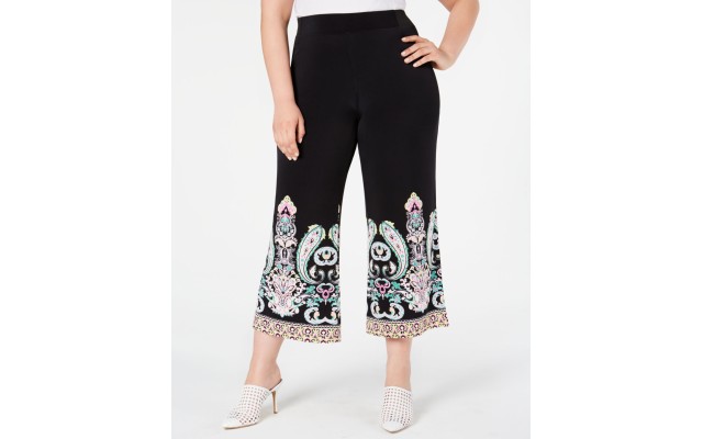 INC Womens Plus Knit Printed Wide Leg Pants, Black, 1X