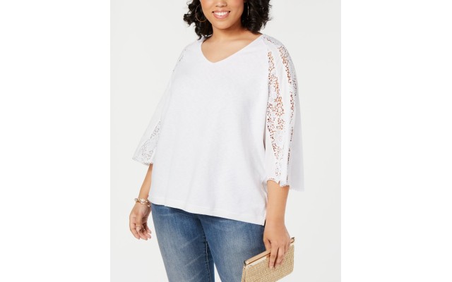 INC Womens Plus Lace Trim V-Neck Pullover Top