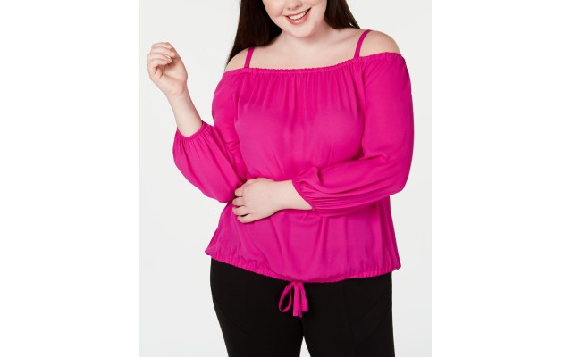 INC Womens Plus Mixed Media Off-the-Shoulder Knit Top Dark Pink, Dark Pink, 1X