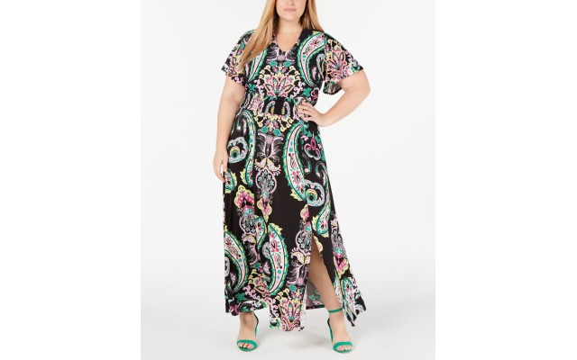 INC Womens Plus Paisley Smocked Maxi Dress, Black, 2X