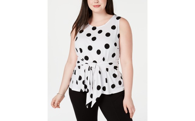 INC Womens Plus Polka Dot Tie Front Blouse – White