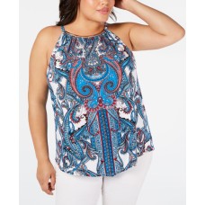 Inc Women’s Plus Size Halter Hardware-Trim Printed Pleated (White, 2X)