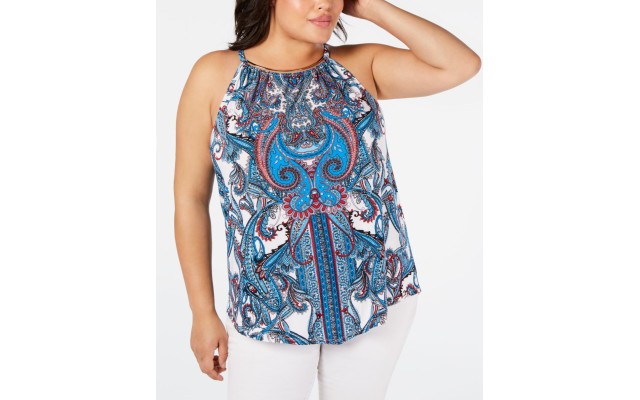 Inc Women’s Plus Size Halter Hardware-Trim Printed Pleated (White, 2X)