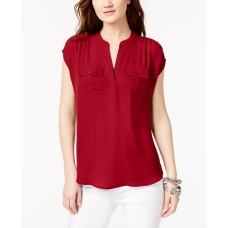 Inc Womens Pocketed Cap Sleeve V Neck Casual Top (Red, Small)