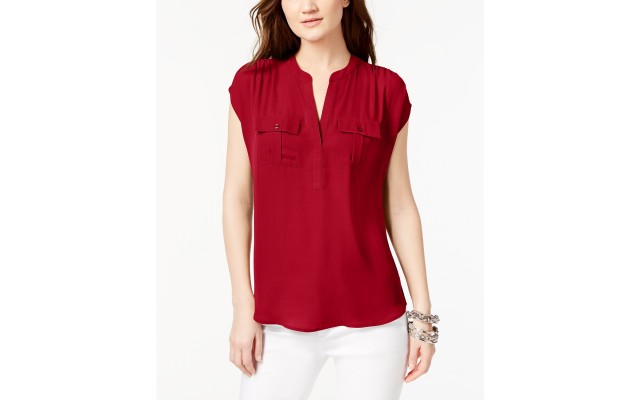 Inc Womens Pocketed Cap Sleeve V Neck Casual Top (Red, Small)