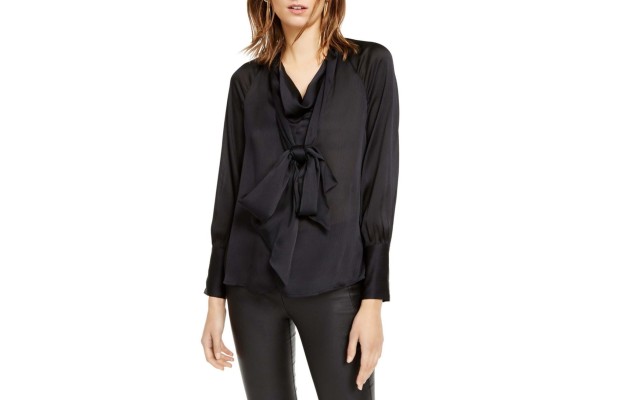 INC Womens Satin Tie Front Blouse, Black, X-Large