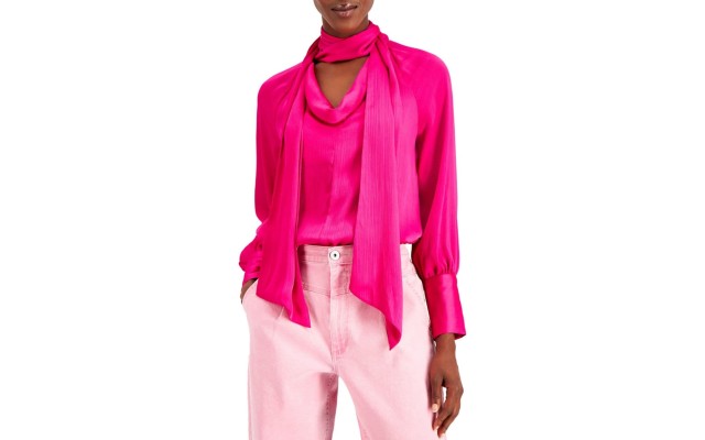 INC Womens Satin Tie Front Blouse, Red, Medium