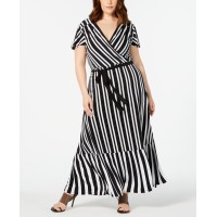 Inc Womens Striped Surplice Long Maxi Dress Black/White, Black, 2X