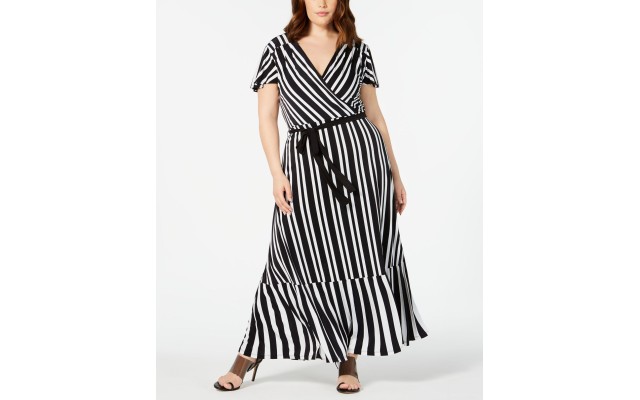 Inc Womens Striped Surplice Long Maxi Dress Black/White, Black, 2X