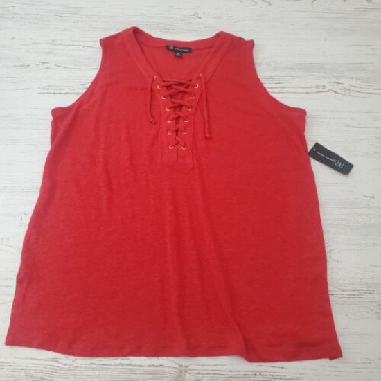 INC Womens Top Red Lace Up Tank Linen Blend Sleeveless V Neck Plus Size, Dark Red, 0X