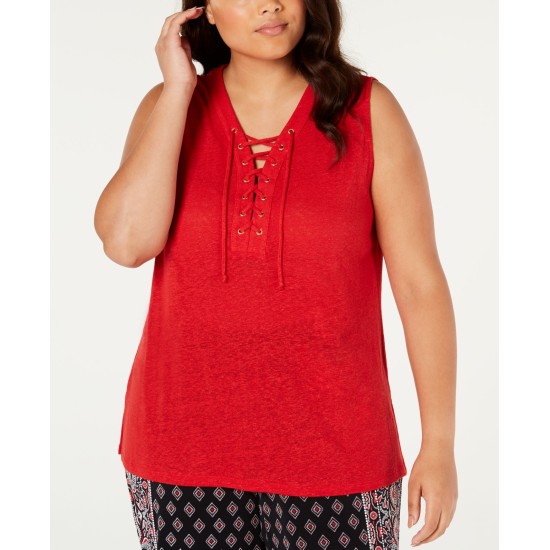 INC Womens Top Red Lace Up Tank Linen Blend Sleeveless V Neck Plus Size, Dark Red, 0X