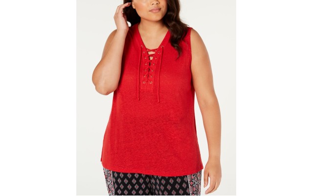 INC Womens Top Red Lace Up Tank Linen Blend Sleeveless V Neck Plus Size, Dark Red, 3X
