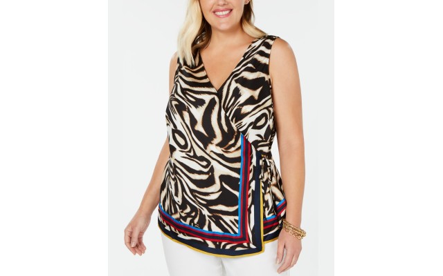 Inc Womens Top Shirt Plus  Animal Print Faux Wrap Career Sleeveless(Gold , Size :3X)