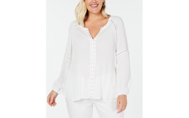 Inc Womens White Grommet Lace Boho Peasant Top Blouse, White, 1X