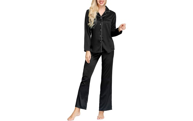  Rayon Short Sleeve Button Top & Trouser Pajama Set (Black, XX-Large)